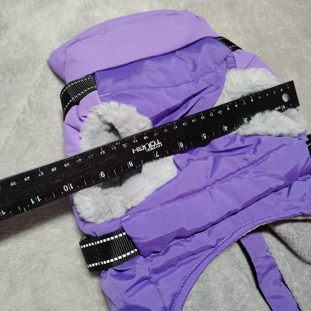 Pet Dog Jacket M W/Harness Purple Winter Warm Clothes Waterproof Faux Fur
